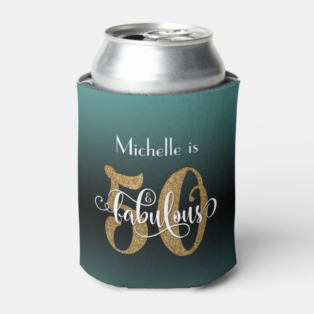 Gold Glitter 50 & Fabulous Teal Ombre Birthday Can Cooler (Can Front)
