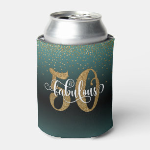 Gold Glitter 50 & Fabulous Teal Ombre Birthday Can Cooler