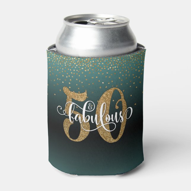 Gold Glitter 50 & Fabulous Teal Ombre Birthday Can Cooler (Can Front)
