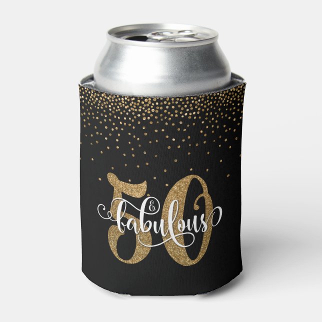 Gold Glitter 50 & Fabulous Typography Birthday Can Cooler (Can Front)