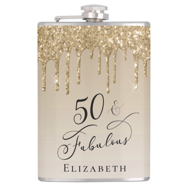 Gold Glitter 50th Birthday Hip Flask (Front)