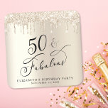 Gold Glitter 50th Birthday Party Square Paper Coaster<br><div class="desc">Chic custom 50th birthday party coaster featuring "50 & Fabulous" in a calligraphy script,  a gold faux foil background and dripping gold faux glitter. Perfect for table decor that guests can take home as a souvenir party favour.</div>