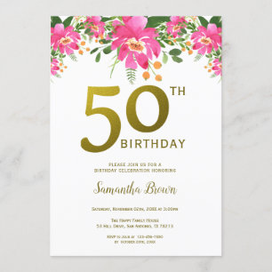 Gold Glitter 50th Birthday Party Watercolor Floral Invitation