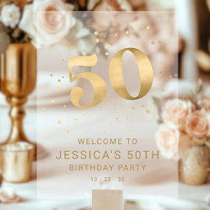 Gold Glitter 50th Fifty Birthday Welcome Party  Acrylic Sign