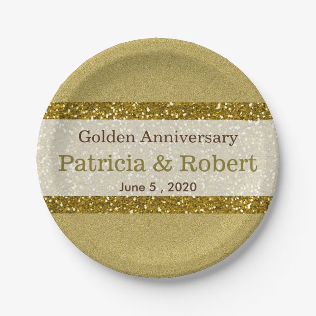 Gold Glitter 50th Golden Wedding Anniversary Paper Plate (Front)