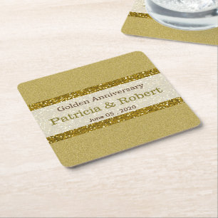 Gold Glitter 50th Golden Wedding Anniversary Square Paper Coaster