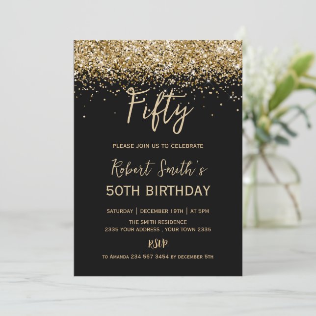 Gold Glitter 50th Surprise Birthday Party Black Invitation (Standing Front)