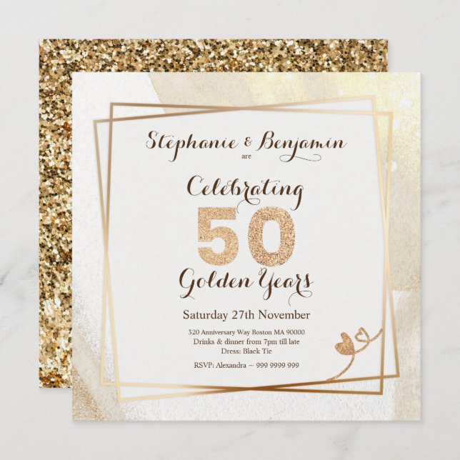 Gold Glitter 50th Wedding Anniversary Text Elegant Invitation (Front/Back)