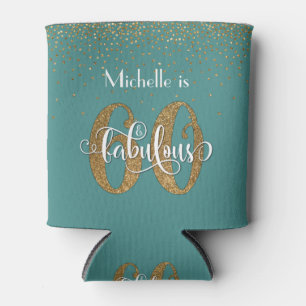 Gold Glitter 60 & Fabulous Birthday Teal Can Cooler