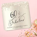 Gold Glitter 60th Birthday Party Square Paper Coaster<br><div class="desc">Chic custom 60th birthday party coaster featuring "60 & Fabulous" in an elegant calligraphy script,  a gold faux foil background and dripping gold faux glitter. Perfect for table decor that guests can take home as a souvenir party favour.</div>