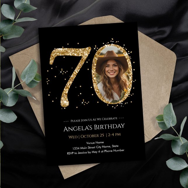 Gold Glitter 70th Birthday Photo Invitation (Creator Uploaded)