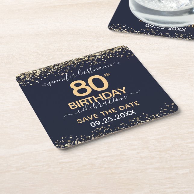 Gold Glitter 80th Birthday Save the Date Square Paper Coaster (Angled)