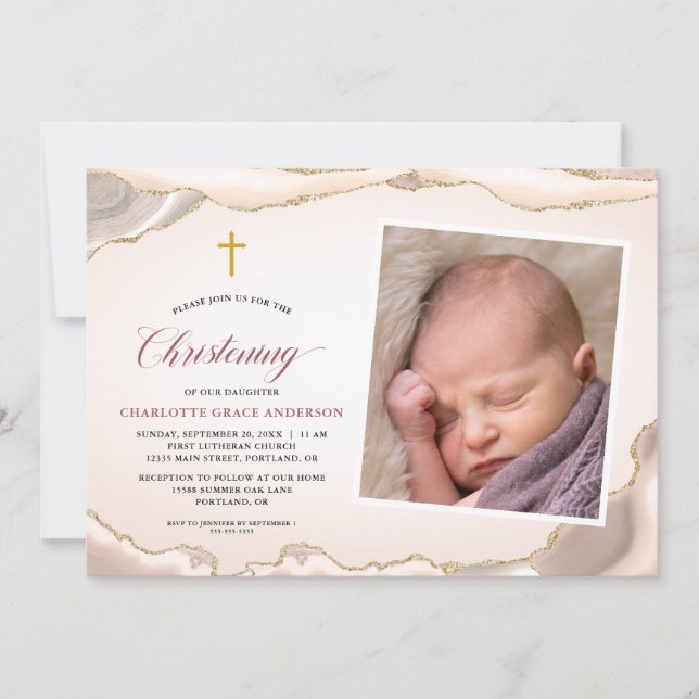 Gold Glitter Agate Script Photo Girl Christening Invitation (Front)