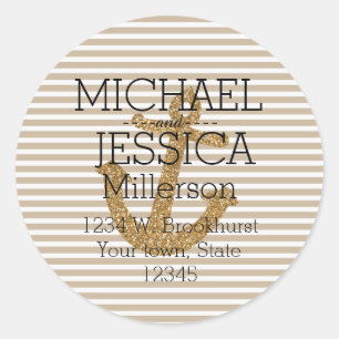 Gold Glitter Anchor Stripes Personalized address Classic Round Sticker