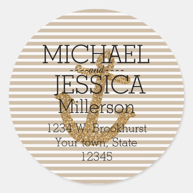 Gold Glitter Anchor Stripes Personalized address Classic Round Sticker (Front)