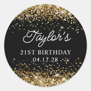 Gold Glitter and Black 21st Birthday Classic Round Sticker