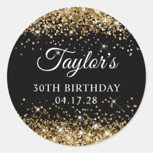Gold Glitter and Black 30th Birthday Classic Round Sticker