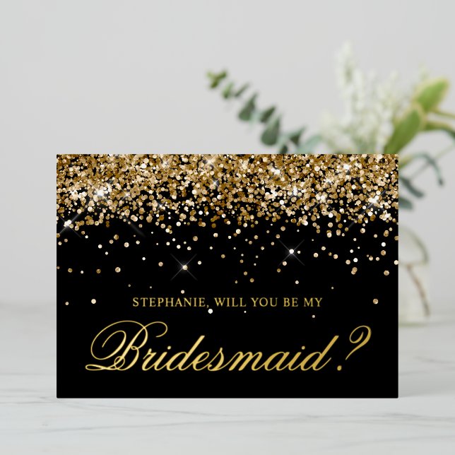 Gold Glitter and Black Bridesmaid Proposal (Standing Front)