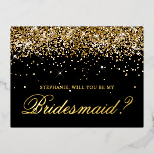 Gold Glitter and Black Bridesmaid Proposal Foil Holiday Postcard