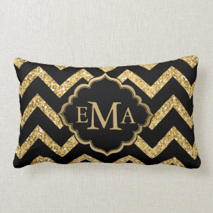 Gold Glitter And Black Chevron Lumbar Pillow