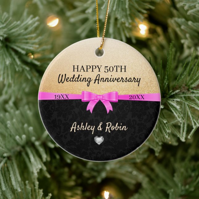Gold Glitter And Black Damask Ceramic Ornament (Tree)