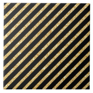 Gold Glitter and Black Diagonal Stripes Pattern Tile