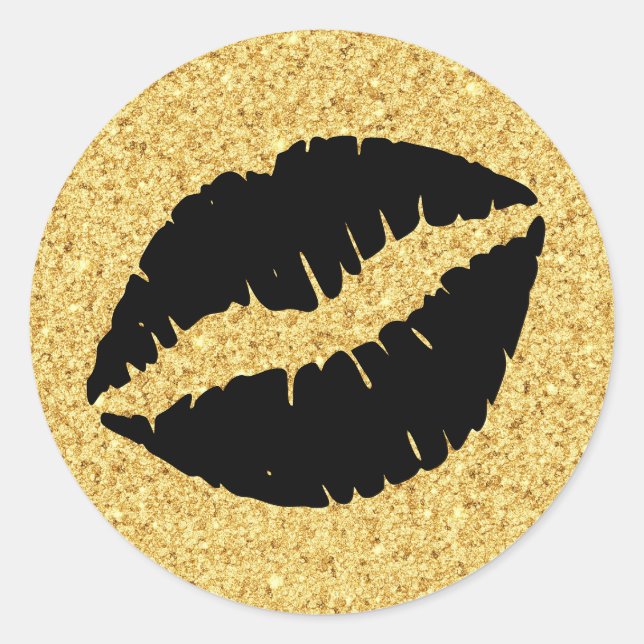 Gold Glitter and Black Lips Classic Round Sticker (Front)
