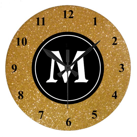 Gold glitter and black monogram wall clock