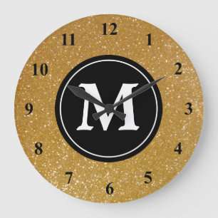 Gold glitter and black monogram wall clock