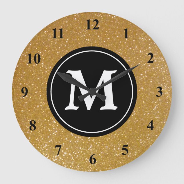 Gold glitter and black monogram wall clock (Front)