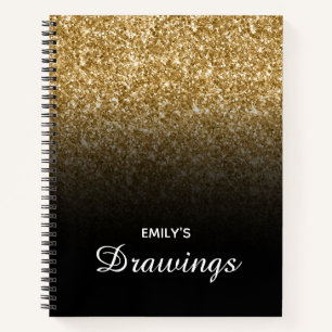 Gold Glitter and Black Ombre Personalized Drawing Notebook