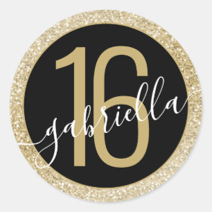 Gold Glitter and Black Personalized Birthday Classic Round Sticker