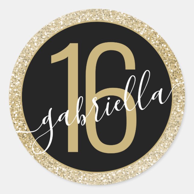 Gold Glitter and Black Personalized Birthday Classic Round Sticker (Front)