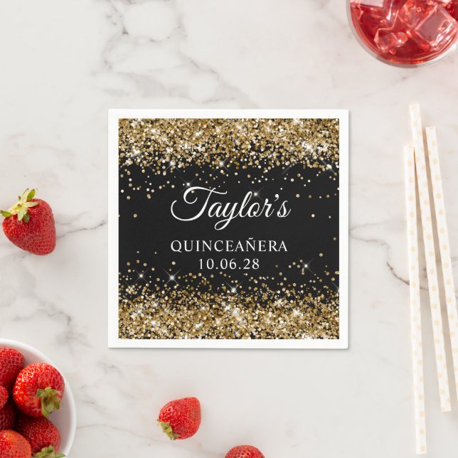 Gold Glitter and Black Personalized Quinceañera Napkin (Insitu)