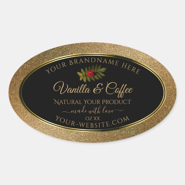 Gold Glitter and Black Product Labels Cute Ladybug (Front)
