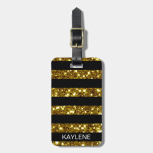 Gold Glitter and Black Stripe Luggage Tag