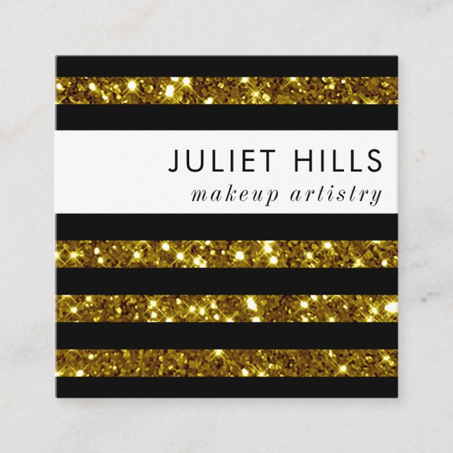 Gold Glitter and Black Stripe Square Business Card (Front)