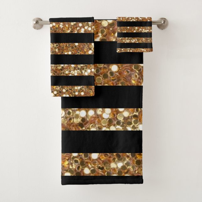 Gold Glitter and Black Striped Bath Towel Set (Insitu)