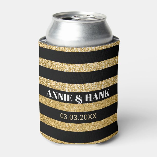 Gold Glitter And Black Stripes- Save The Date Can Cooler (Can Front)