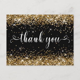 Gold Glitter and Black Sweet 16 Hearts Thank You Postcard
