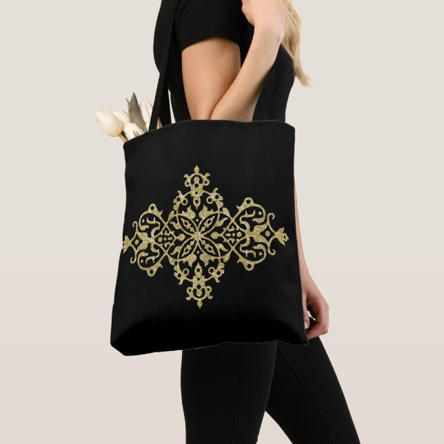 Gold Glitter and Black Tote Bag (Close Up)