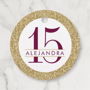 Gold Glitter and Burgundy Maroon Quince Años Favour Tags