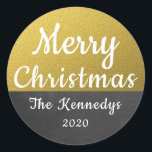 Gold Glitter And Chalkboard Merry Christmas Classic Round Sticker<br><div class="desc">Stylish and trendy gold glitter Christmas envelope seals. Personalize with family name and year.</div>