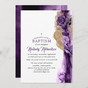 Gold Glitter and Dark Purple Modern Floral Baptism Invitation