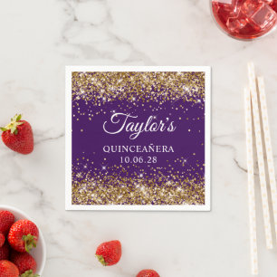 Gold Glitter and Dark Purple Quinceañera Napkin