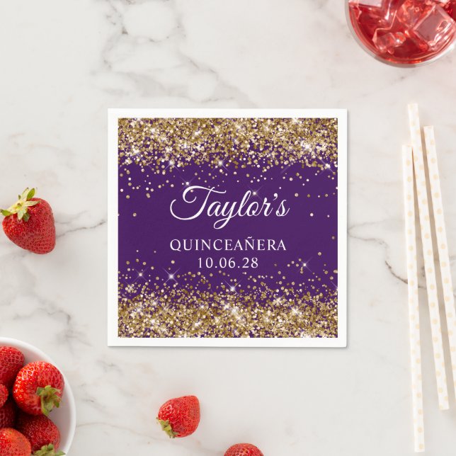 Gold Glitter and Dark Purple Quinceañera Napkin (Insitu)