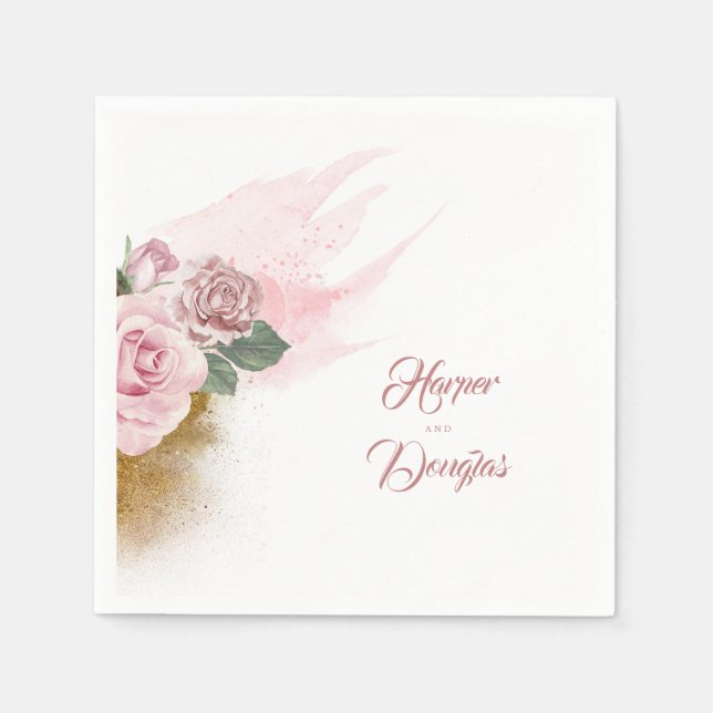 Gold Glitter and Dusty Rose Floral Wedding Napkin (Front)