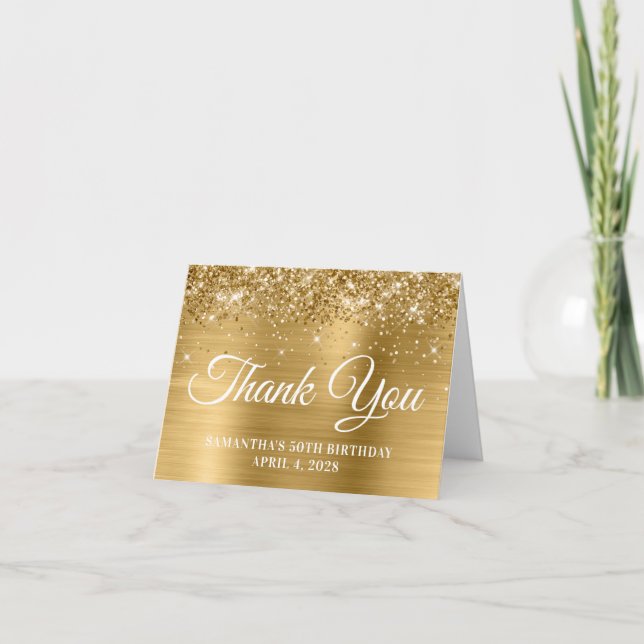 Gold Glitter and Foil 50th Birthday Thank You Card (Front)