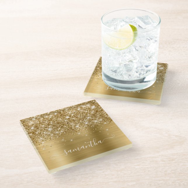 Gold Glitter and Foil Girly Signature Glass Coaster (Angled)