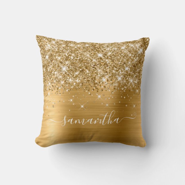 Gold Glitter and Foil Girly Signature Throw Pillow (Front)